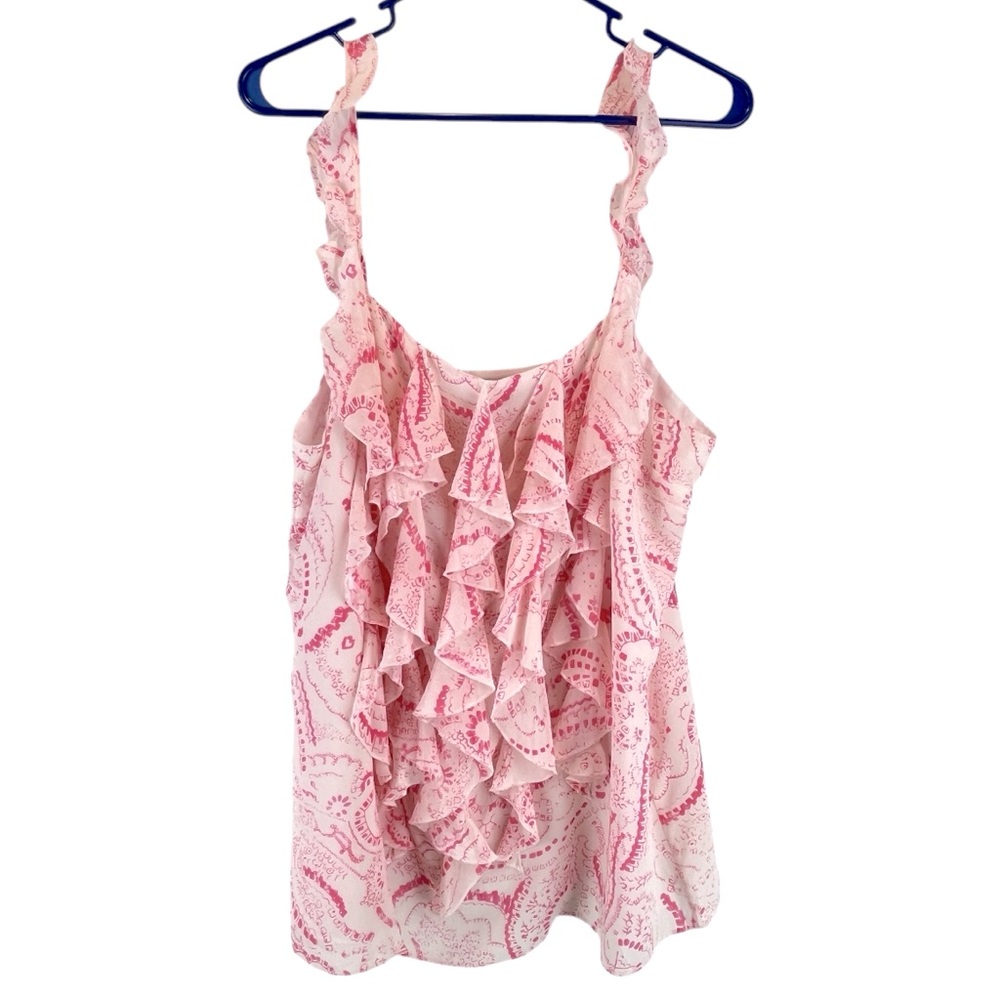 Banana Republic 100% Silk Pink & White Ruffle Tank Blouse Sz L/XL